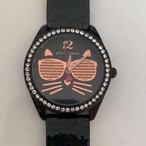 Betsey Johnson Black Watch with Rose Gold Cat Face and Crystal Bezel